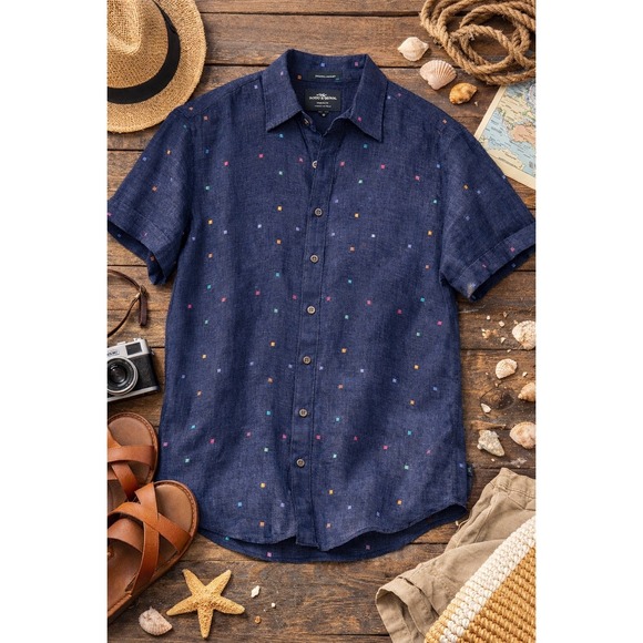 Rodd & Gunn Other - Rodd & Gunn Mens Navy Blue 100% Linen Embroidered Short Sleeve Shirt M Italian